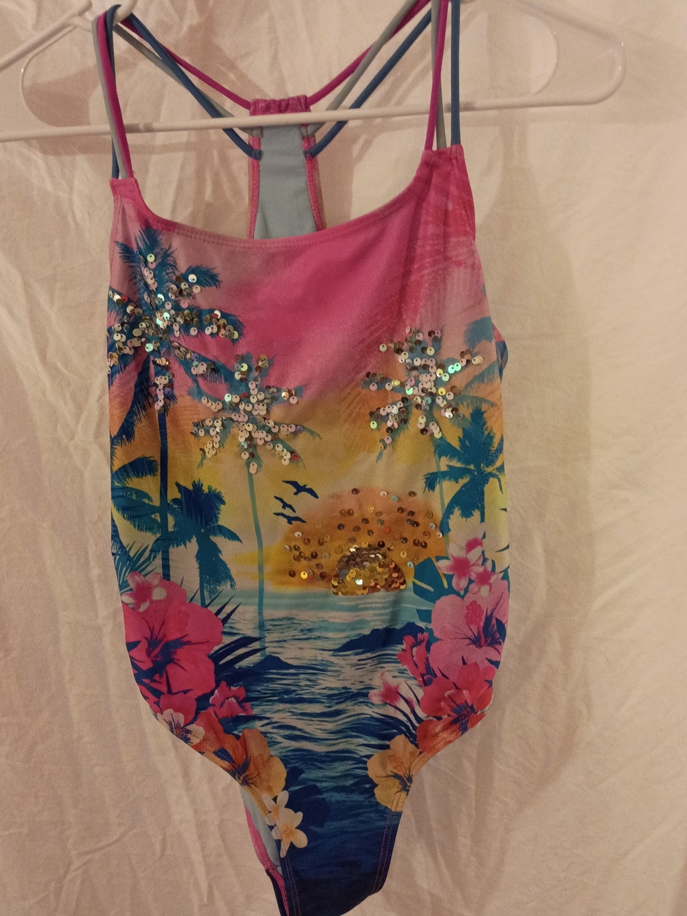 wonder nation Girls Pink Blue Tropical Sequin One-Piece Swimsuit